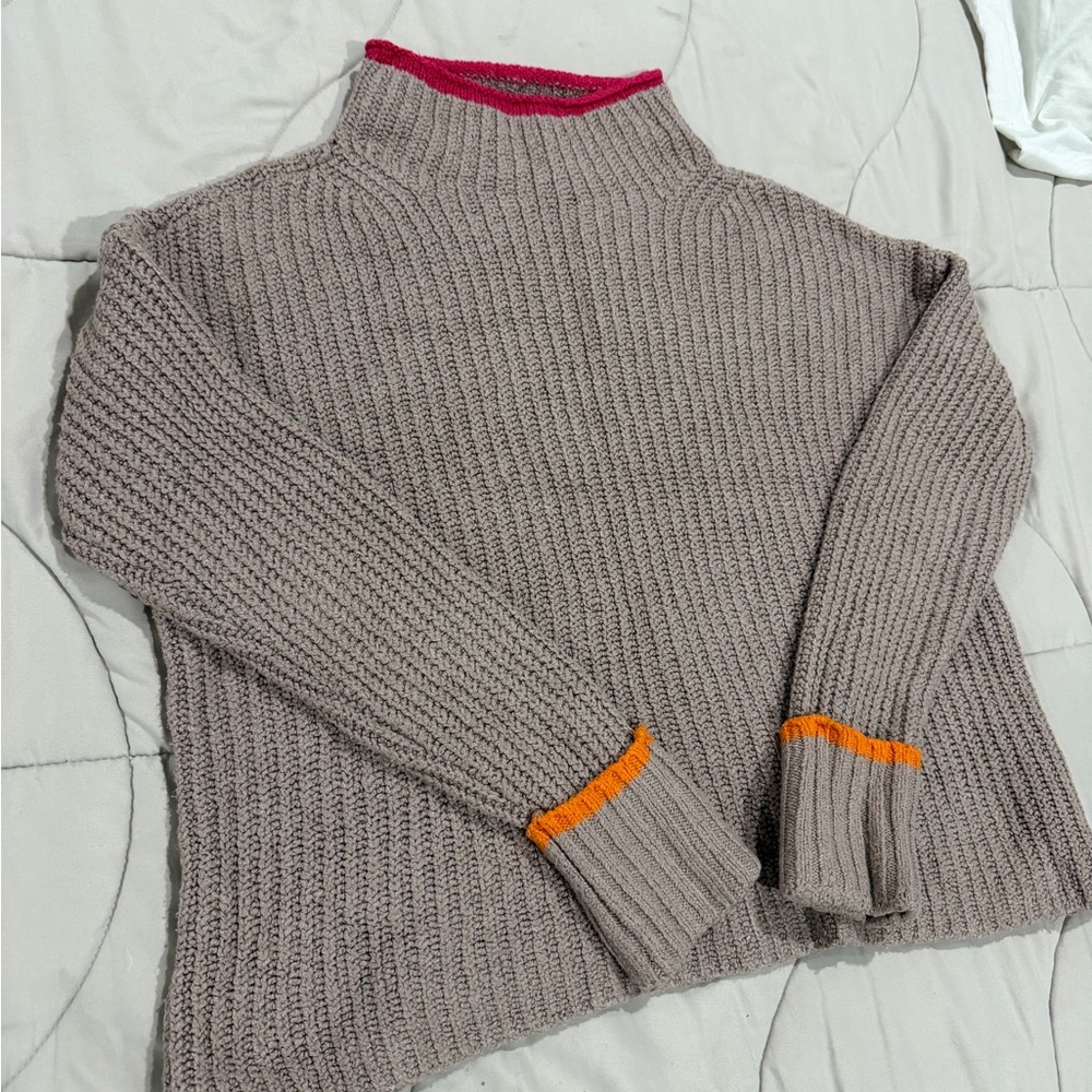 Anthropologie Maeve Taupe Sweater with Pink and Orange Accents